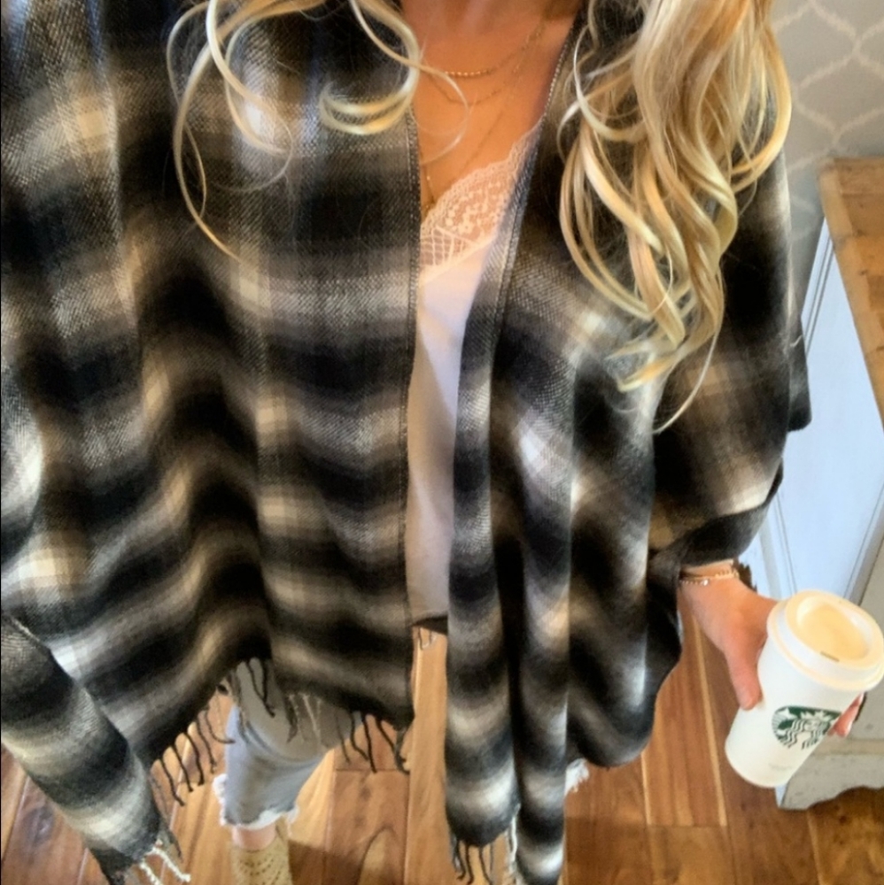 Plaid Fringe Sweater Shawl